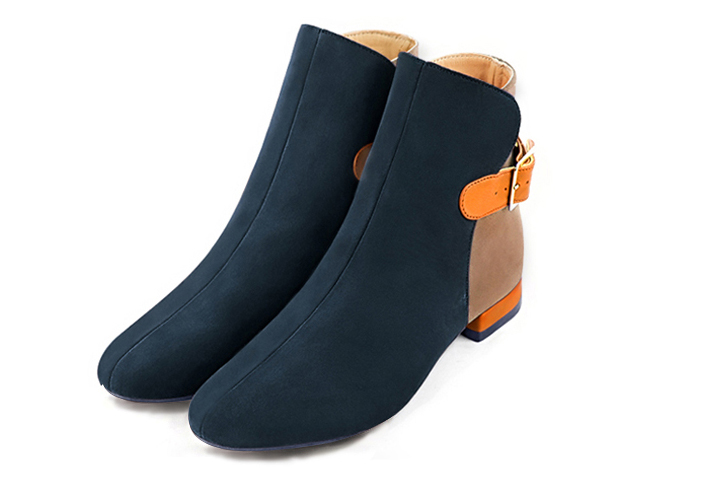 Navy blue, biscuit beige and apricot orange women's ankle boots with buckles at the back. Round toe. Flat block heels. Front view - Florence KOOIJMAN